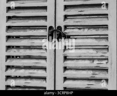 Bloccato in tempo. Coprifinestra, struttura e struttura in legno. Tonalità monocromatiche. Foto Stock
