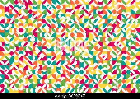 Sfondo geometrico astratto, brutalismo elementi stile bauhaus in ordine casuale, colori diversi, motivo geo bg vettoriale senza cuciture, semplice geometria piatta Illustrazione Vettoriale