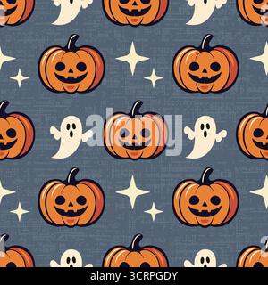 Affascinante motivo di Halloween senza cuciture con simpatiche zucche sorridenti, fantasmi giocosi e stelle sparse su uno sfondo retrò polveroso, stravagante vettore desi Illustrazione Vettoriale