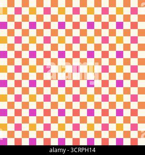 Sfondo geometrico ipnotico con design ispirato alla scacchiera. Quadrati in colori retrò, che creano un audace effetto illusorio ottico, un'allegra psiche funky Illustrazione Vettoriale