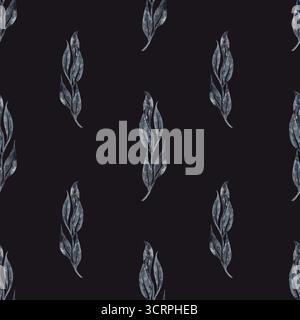 Sfondo senza cuciture con rami di alberi e foglie acquerello verticale grigio nero testurizzato su viola scuro dipinto a mano Foto Stock