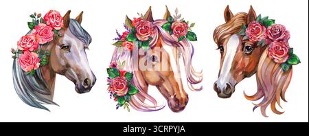cavalli acquerelli con fiori. Carini cavalli con fiori. Set di illustrazioni in acquerello isolato su sfondo bianco. Foto Stock