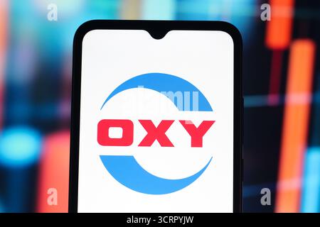 In questa immagine, il logo Oxy Chemical (OxyChem) viene visualizzato sullo schermo di uno smartphone. Foto Stock