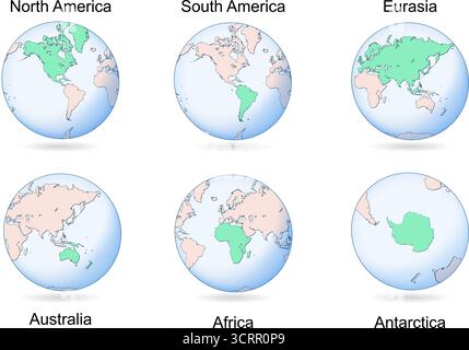Continenti. Mappa del mondo. Continenti: Sei globi raffiguranti Africa, Nord America, Sud America, Antartide, Eurasia, e l'Australia. Illustrazione vettoriale Illustrazione Vettoriale