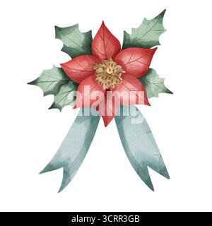 Fiore di punta natalizia acquerello con foglie di agrifoglio e nastro blu. Decorazioni floreali natalizie per biglietti, inviti, poster e progetti di design per le vacanze invernali Foto Stock