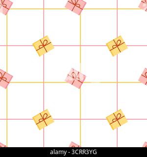 Motivi vettoriali senza cuciture con confezioni regalo, nastri legati e linee incrociate nei colori rosa, giallo e bianco tenui Illustrazione Vettoriale