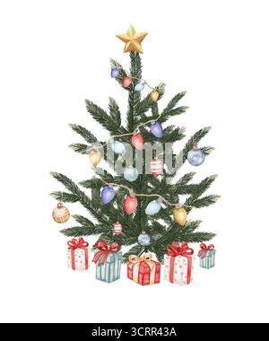Illustrazione ad acquerello dell'albero di Natale decorato con stella d'oro, giocattoli, palle e una serie di luci. Ci sono dei regali accanto all'albero. Isolato su sfondo bianco. Anno nuovo. Foto Stock