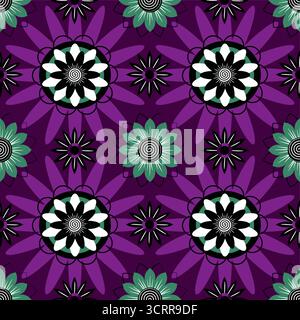 Motivo vettoriale senza cuciture con forme floreali geometriche nei colori nero, bianco, verde e viola. Design decorativo astratto per tessuti e carta da parati. Illustrazione Vettoriale
