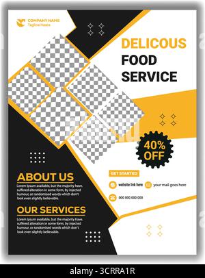 Elegante modello di volantino per il ristorante: Poster per il cibo giallo e nero Illustrazione Vettoriale