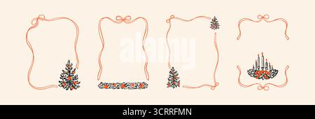Set di cornici natalizie in pastello dal design accattivante e dal taglio minimalista con fiocco a nastro. Buon anno nuovo antracite vintage Doodle borde disegnato a mano Illustrazione Vettoriale