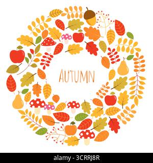Cornici autunnali arrotondate con foglie autunnali, mele e funghi, carino autunno e sfondo del Ringraziamento Illustrazione Vettoriale