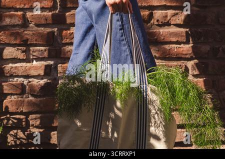 Donna in jeans blu che tiene in mano una borsa per gli acquisti con generi alimentari su una parete di mattoni rossi, primo piano. Stile di vita ecologico. Foto Stock