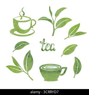 Set da tè. Illustrazione vettoriale delle tazze e delle foglie di tè acquerello Illustrazione Vettoriale