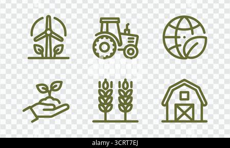 L'illustrazione vettoriale del set di linee delle icone dell'agricoltura sostenibile è isolata Illustrazione Vettoriale