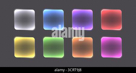 Bottoni in vetro trasparente con bordi al neon brillanti. Futuristici pulsanti di azione circolare. Illustrazione Vettoriale