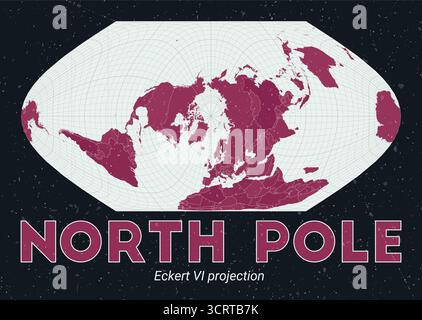 Polo Nord. Mappa del mondo. Proiezione di Eckert vi centrata sul Polo Nord. Pallido Mint Dark Pink (Rosa scuro). Texture vintage. Illustrazione vettoriale artistica. Illustrazione Vettoriale