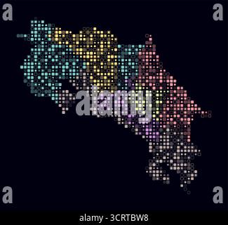 Costa Rica, forma del paese costruito di celle colorate. Mappa digitale della Costa Rica su sfondo scuro. Blocchi quadrati arrotondati di piccole dimensioni. Illustrazione Vettoriale