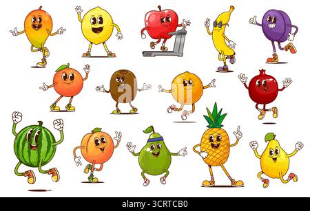 Cartoni animati simpatici personaggi di frutta con volti felici. Mela hippie retrò, arancia, ananas e mango. Simpatici personaggi psichedelici di banana, anguria e kiwi Illustrazione Vettoriale