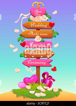 Cartellone per matrimoni a cartoni animati, cartellone romantico con frecce in legno che indicano aree come cerimonie, cocktail, area fotografica e balli, decorato con cuori, petali di rosa, regali e anelli, evocare l'amore Illustrazione Vettoriale