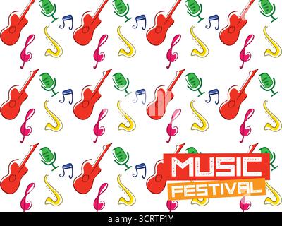 Sottofondo musicale vettoriale con stile doodle disegnato a mano, con strumenti musicali retrò e attrezzature vintage, perfetto per motivi e wallpa Illustrazione Vettoriale