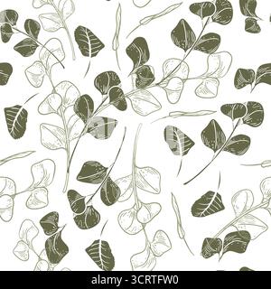 Motivo senza cuciture vettoriale dei rami di eucalipto in verde. Foglie di eucalipto su steli line art. Silhouette fogliame su sfondo botanico ripetuto per Illustrazione Vettoriale