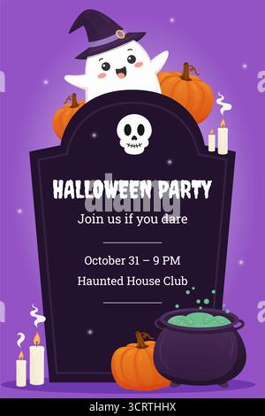 Allegro poster per la festa di Halloween con un fantasma che indossa un cappello da strega, zucche, lapide e calderone. inviti all'evento, volantini Illustrazione Vettoriale
