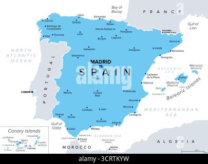 Spagna, mappa politica, con la capitale Madrid, le Isole Baleari, le Isole Canarie, e le città più grandi. Regno di Spagna, un paese in Europa. Foto Stock