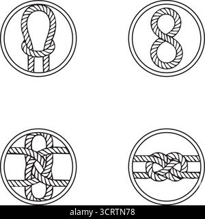 Quattro distintivi rotondi mostrano intricati nodi di corda e cinghia, tra cui schemi a figura circolare e bande incrociate con linee sottili Illustrazione Vettoriale