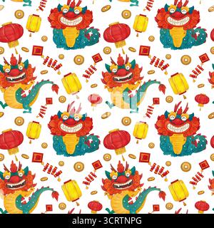 Motivo senza cuciture con drago cinese, lanterne gialle e rosse, cracker e monete. Illustrazione ad acquerello disegnata a mano. Disegno per carte, inviti Foto Stock