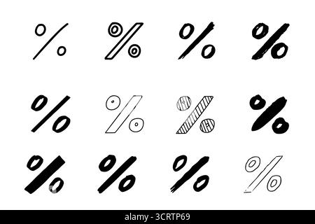 Icone di percentuale di scarabocchi disegnate a mano in stile contorno bianco e nero, isolate su sfondo bianco. Perfetto per la progettazione matematica, infografiche aziendali, pre Illustrazione Vettoriale
