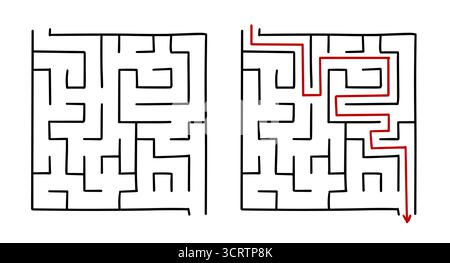 Labirinto disegnato a mano con percorso della soluzione in stile contorno, isolato su sfondo bianco. Perfetto per enigmi, libri di attività, giochi per bambini ed educati Illustrazione Vettoriale