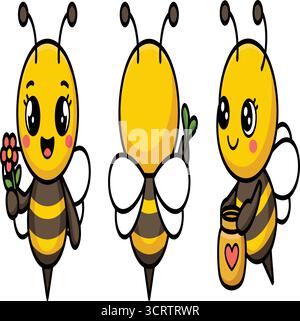 Adorabile collezione di api cartoni animati con fiori e miele per disegni carini Illustrazione Vettoriale