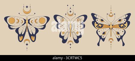 Illustrazioni boho a farfalla con lune e simboli celesti su sfondo crema - falene mistiche con stelle, mezzalune e motivi geometrici. Progetti di natura spirituale per il branding del benessere. Illustrazione Vettoriale