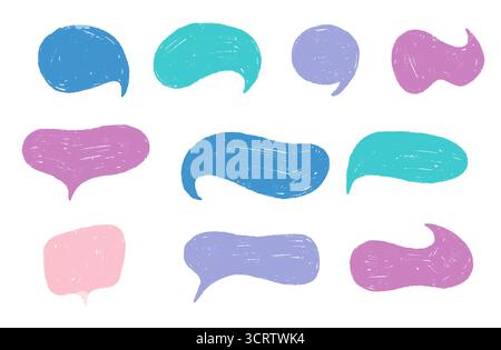 Crayon Doodle Speech Bubble Collection. Cornici per parlare con gesso disegnate a mano. Set di caselle di testo carine per Chat e adesivi Illustrazione Vettoriale