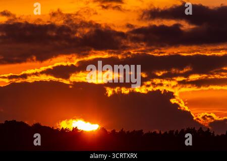 Il vivace tramonto proietta calde sfumature sul cielo creando una vista mozzafiato mentre il sole scende sotto l'orizzonte, evidenziando nuvole e sagome di alberi. Foto Stock
