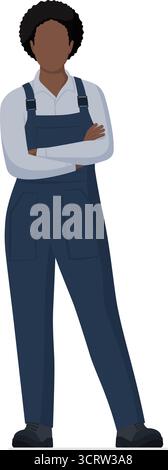 Donna sicura di sé in piedi con le braccia incrociate, indossa tute, completamente isolato Illustrazione Vettoriale