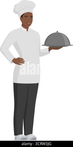 Lavoratrice del personale di cucina che posa su sfondo bianco: Una cuoca sicura di sé che tiene un vassoio con coperchio e in piedi Illustrazione Vettoriale