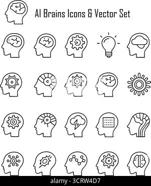 Set vettoriale di icone cerebrali AI: Intelligenza artificiale, reti neurali e simboli di apprendimento automatico per la progettazione tecnologica e dell'innovazione Illustrazione Vettoriale