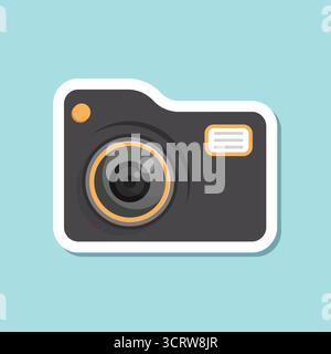 Icona dell'adesivo della fotocamera in stile piatto. Illustrazione vettoriale dell'attrezzatura fotografica su sfondo isolato. Segnaletica fotografica professionale per aziende Illustrazione Vettoriale