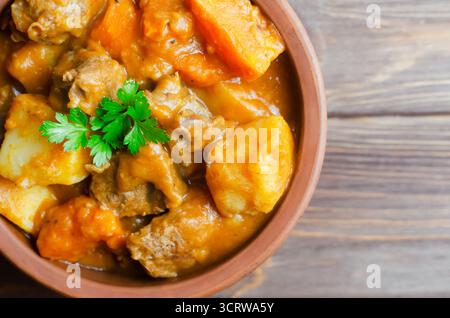 Stufato di gulasch di vitello stufato e verdure con una piuma in un recipiente di ceramica su sfondo di legno. Cucina tradizionale ungherese. Orizzontale Foto Stock