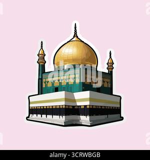 Adesivi illustrativi vettoriali della Moschea con cupola dorata, calligrafia araba, ingresso ad arco, architettura religiosa e arte Illustrazione Vettoriale