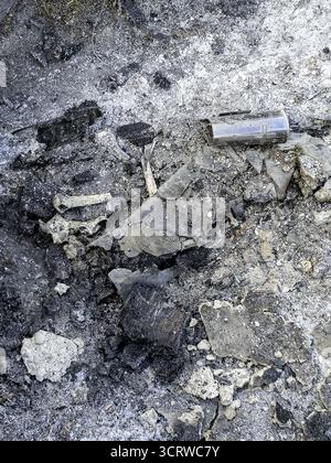 Particolare del vecchio crematorio con resti di ossa umane, cimitero Foto Stock