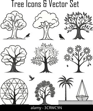 Set vettoriale di icone di alberi e natura stilizzate per ecodesign, branding, istruzione e campagne ambientali Illustrazione Vettoriale