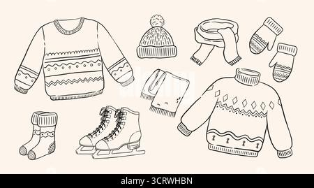 Set di abiti e accessori invernali vintage in stile disegnato a mano. Maglioni, guantoni, sciarpa, cappello e pattini da ghiaccio a maglia Doodle. Illustrazione Vettoriale