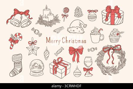 Set natalizio Hand Draw retrò. Decorazioni natalizie, corona, cappello di Babbo Natale, confezione regalo, campana, candele, illustrazioni vettoriali di arco. Felice anno nuovo Illustrazione Vettoriale