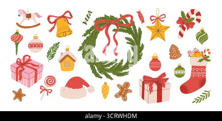 Set di illustrazioni di vettoriali natalizie disegnate a mano con corona, biscotti, ornamenti, regali, calze e decorazioni. Clipart delle vacanze invernali. Felice anno nuovo Illustrazione Vettoriale