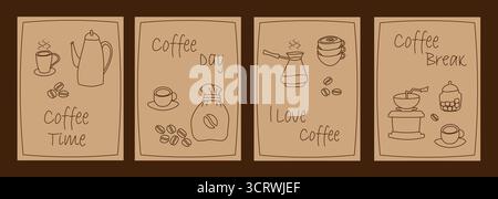 Set di striscioni per caffè con un semplice motivo a righe. Volantini, tazze, macchina per il caffè, chicchi, tipi di caffè. Illustrazione Vettoriale