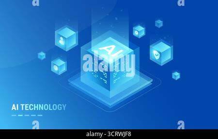 INTELLIGENZA ARTIFICIALE nella tecnologia blockchain - tecnologia di intelligenza artificiale per la trasformazione digitale - illustrazione vettoriale isometrica di infografica Illustrazione Vettoriale