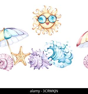 Sfondo con motivo senza cuciture delle vibrazioni estive da spiaggia, con sole, conchiglie, onde e ombrelloni per organizzare vacanze gioiose Illustrazione Vettoriale