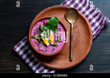 Zuppa di barbabietole fredda, cibo tradizionale ucraino a base di barbabietole, cetrioli, ravanelli, uova sode e panna acida. Deliziosa zuppa di barbabietole estive Foto Stock